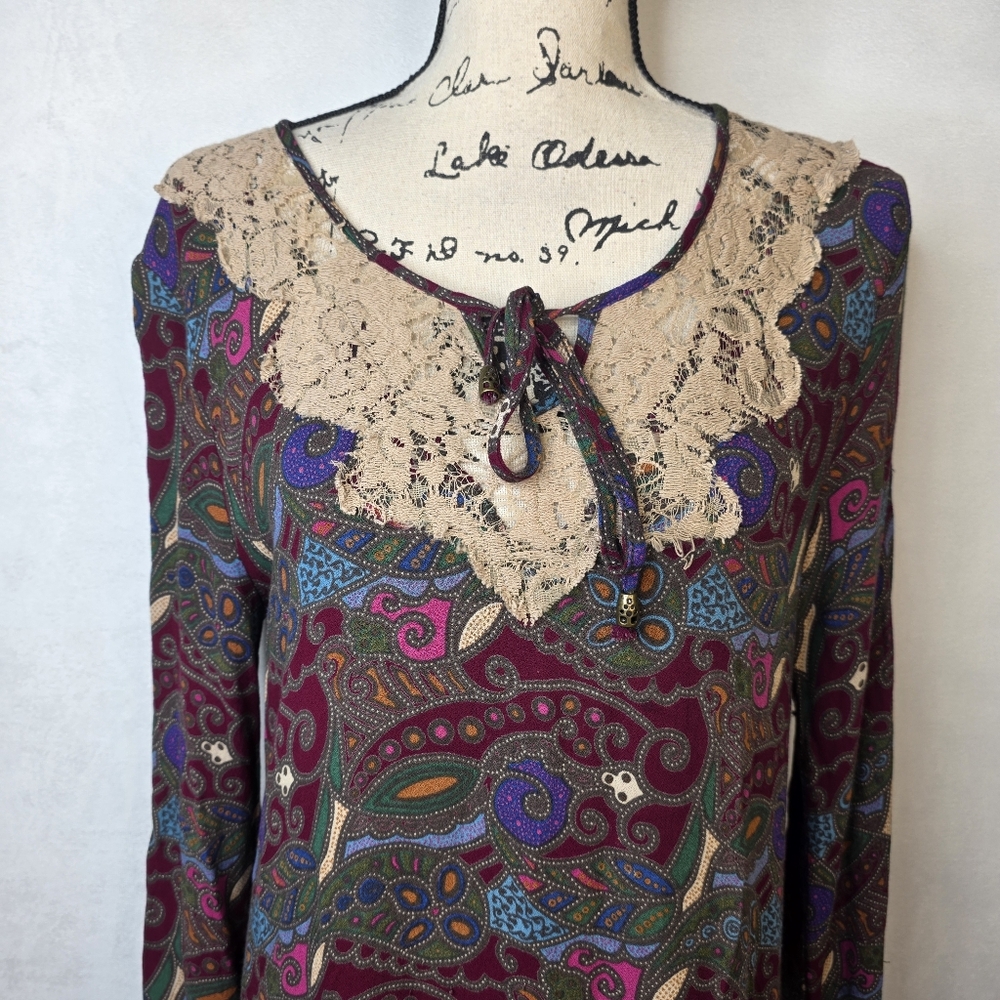 Gimmicks By Bke Long Sleeve Boho Paisley Embroidered Lace Tunic Dress Sz M - Picture 2 of 5